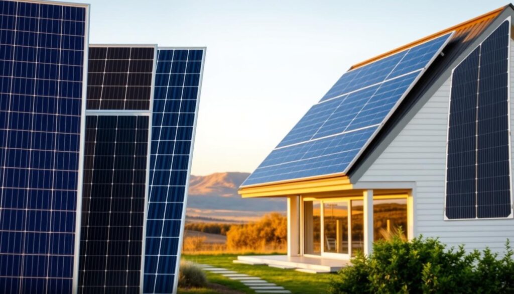 A detailed side-by-side comparison of various solar panel models, illuminated by warm, natural lighting. The foreground features the panels in high resolution, showcasing their distinct designs, sizes, and power output specifications. The middle ground depicts the panels installed on a sleek, modern home, allowing for a contextual assessment of their aesthetic integration. The background subtly fades into a scenic landscape, conveying a sense of sustainability and environmental harmony. Technical details, such as the use of a wide-angle lens and a slightly elevated camera angle, emphasize the comprehensive scale of the comparative analysis.