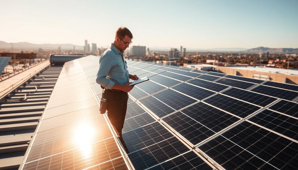 A large commercial solar panel installation on the rooftop of a modern industrial building, bathed in warm, golden afternoon sunlight. The solar panels are arranged in neat, symmetrical rows, their shiny black surfaces reflecting the sky above. In the foreground, a technician inspects the panels, clipboard in hand, ensuring optimal performance. In the background, a panoramic view of the surrounding cityscape, with skyscrapers and distant hills creating a dynamic, urban environment. The overall scene conveys a sense of clean, renewable energy powering the modern world, with a focus on the expert installation and maintenance of the solar system.