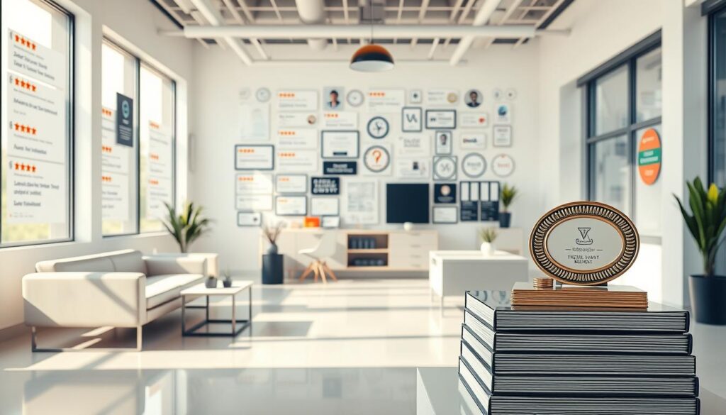 A modern, clean-lined office space with sleek, minimalist furniture. On the walls, a collage of positive customer reviews and industry accolades, carefully curated to showcase the company's stellar reputation and reliability. Warm, natural lighting filters in through large windows, creating a sense of transparency and trustworthiness. In the foreground, a neatly arranged stack of industry awards and certifications, conveying the brand's expertise and commitment to excellence. The overall atmosphere is one of professionalism, credibility, and reassurance - qualities that perfectly align with the "Proven Experience and Industry Reliability" section of the article.