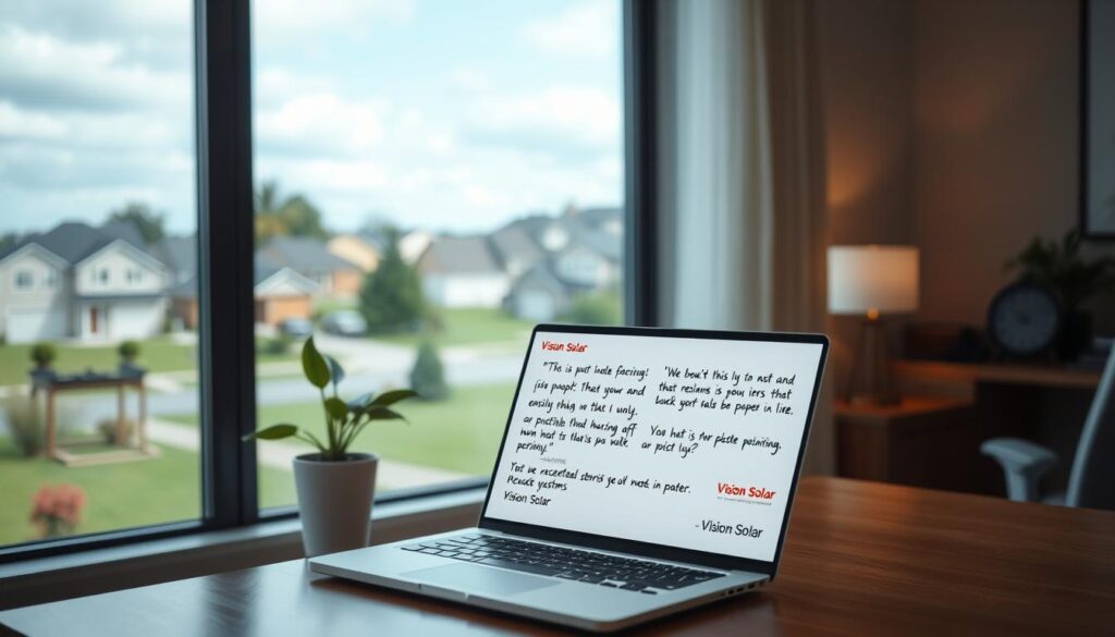 A serene office setting, with a large window offering a panoramic view of a suburban neighborhood. On the desk, a laptop displays glowing customer reviews for Vision Solar, each review a vibrant, handwritten note praising the company's exceptional service and reliable solar systems. Soft, indirect lighting casts a warm, inviting glow, while a potted plant and minimalist decor convey a sense of professionalism and attention to detail. The overall mood is one of transparency, trust, and a deep commitment to customer satisfaction.