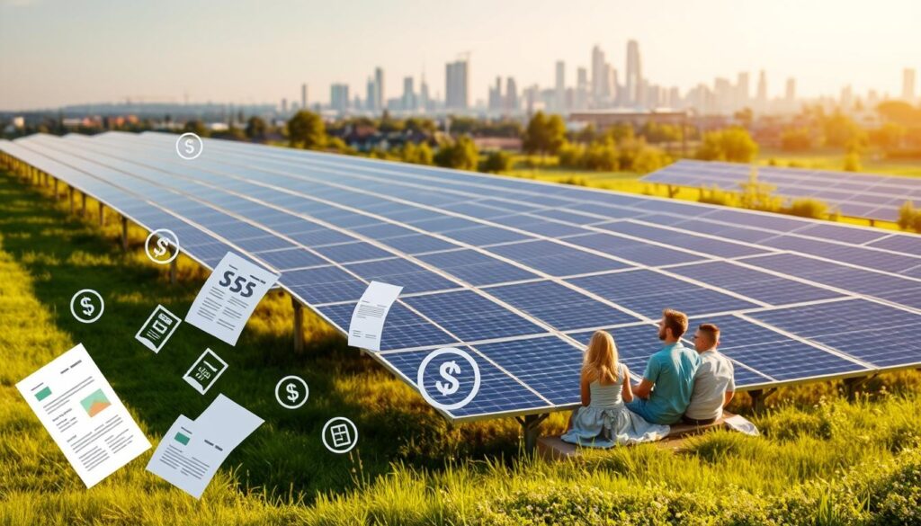 A serene solar panel array stretches across a lush, sun-dappled landscape. In the foreground, a variety of financial documents and icons float, representing the diverse solar financing options available - leasing, power purchase agreements, tax credits, and more. The middle ground features a family sitting on their porch, gazing up at the panels with contentment, symbolizing the cost savings and clean energy they now enjoy. In the background, a modern city skyline fades into the distance, hinting at the broader societal and environmental benefits of solar adoption. Soft, warm lighting bathes the scene, conveying a sense of optimism and progress.