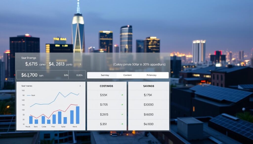 A sleek, modern financial dashboard showcasing side-by-side comparisons of solar financing options. In the foreground, a clean, minimal interface displays charts, graphs, and key metrics highlighting the cost-effectiveness and savings of different solar financing plans. The middle ground features elegant typography and iconography providing clear explanations of each option. In the background, a softly-lit cityscape with gleaming skyscrapers and solar panels on rooftops, conveying a sense of urban sustainability and technological innovation. The overall scene exudes a sophisticated, data-driven aesthetic that inspires confidence in the viewer's solar financing decisions.