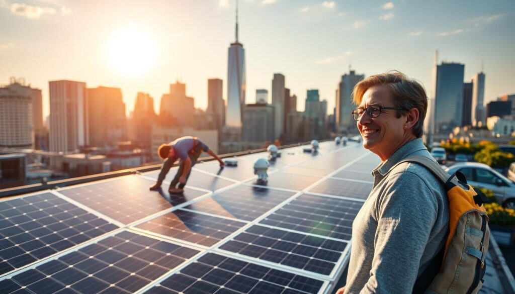 A solar installation crew hard at work on a rooftop, meticulously ensuring optimal panel alignment and efficient wiring. In the foreground, a satisfied homeowner observes the process, their expression radiating trust and satisfaction. The backdrop showcases the vibrant skyline of New York City, the iconic skyscrapers standing tall as a testament to the city's renowned innovation and forward-thinking. Warm, golden sunlight filters through, casting a serene glow over the scene and highlighting the professional expertise of the solar installers. The overall atmosphere conveys a sense of pride, reliability, and a commitment to enhancing the customer experience in the New York solar energy industry.
