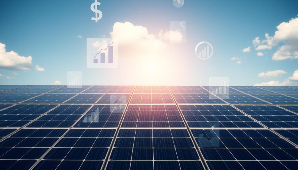 A tranquil solar panel array gently undulates against a backdrop of a cloudless blue sky. In the foreground, various financial instruments and graphs float in a serene, almost ethereal manner, showcasing the flexible payment options and financing insights available for this modular, renewable energy solution. The scene is illuminated by a warm, natural light, creating a sense of stability and reliability. The composition is balanced, with the solar panels occupying the middle ground and the financial elements drawing the viewer's attention to the center of the frame. The overall mood is one of harmony, innovation, and a commitment to sustainable energy solutions.