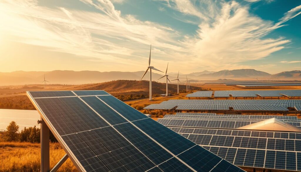 A vibrant solar energy landscape, illuminated by warm sunlight filtering through wispy clouds. In the foreground, a sleek, modern solar panel array stands tall, its shimmering surface reflecting the sky above. In the middle ground, towering wind turbines spin gracefully, harnessing the power of the wind. In the distance, a sprawling solar farm stretches out, its rows of panels creating a mesmerizing geometric pattern. The scene is imbued with a sense of progress and innovation, showcasing the remarkable advancements in renewable energy technology. Cinematic lighting and a wide-angle lens capture the grand scale and majesty of this solar sector achievement.