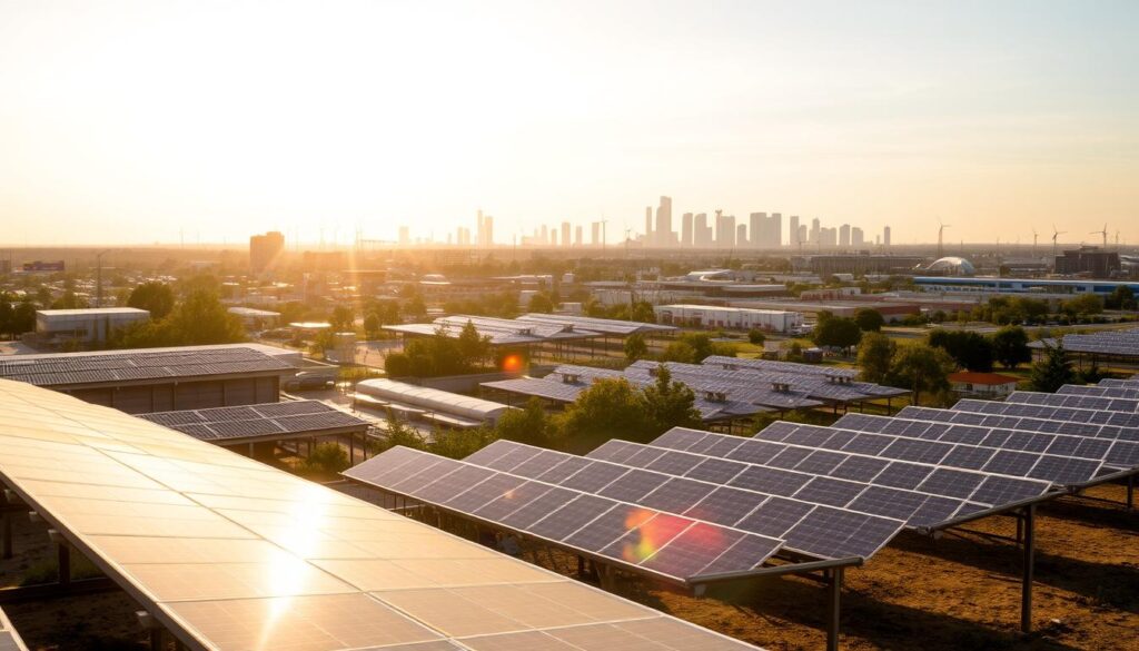 A vibrant solar energy marketplace, illuminated by the warm glow of the sun. In the foreground, solar panels stand tall, casting long shadows across a bustling landscape. In the middle ground, a diverse array of solar technologies - from rooftop systems to utility-scale arrays - showcase the adaptability of the industry. In the background, a skyline of modern buildings and renewable energy infrastructure symbolizes the integration of solar power into the urban fabric. The scene is bathed in a soft, diffused light, creating a sense of harmony and progress as the solar market navigates its challenges and solutions.
