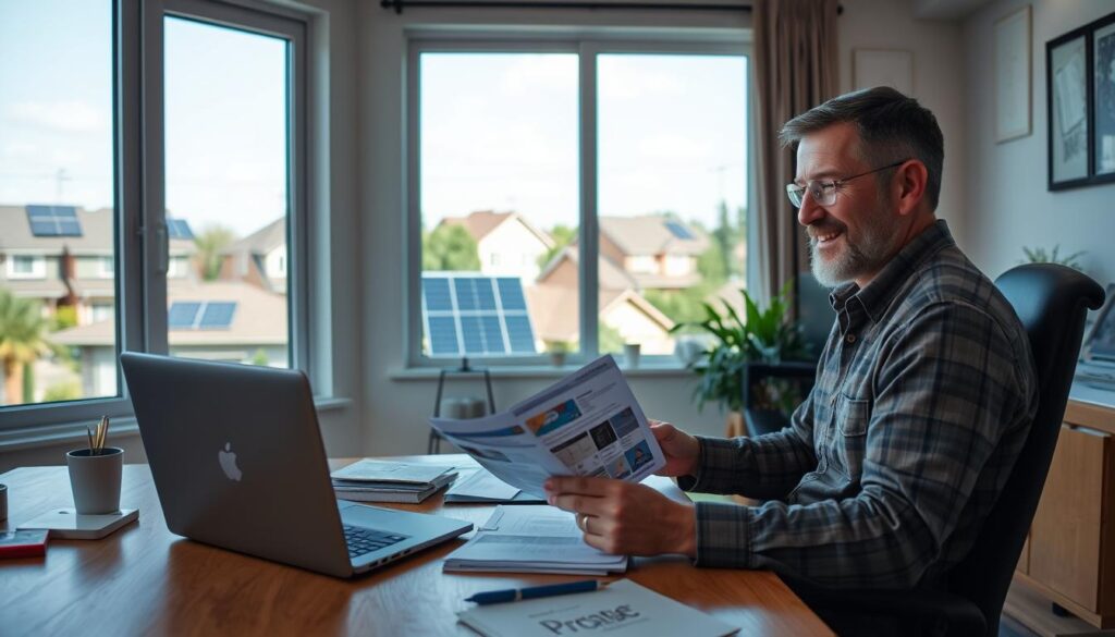 A well-lit home office setting with a wooden desk, a laptop, and various office supplies. A satisfied customer is seated at the desk, intently reviewing solar energy product literature and documents. In the background, a large window offers a scenic view of a residential neighborhood with solar panels adorning the rooftops. The mood is one of thoughtful consideration and approval, capturing the essence of a positive customer experience with solar technology.