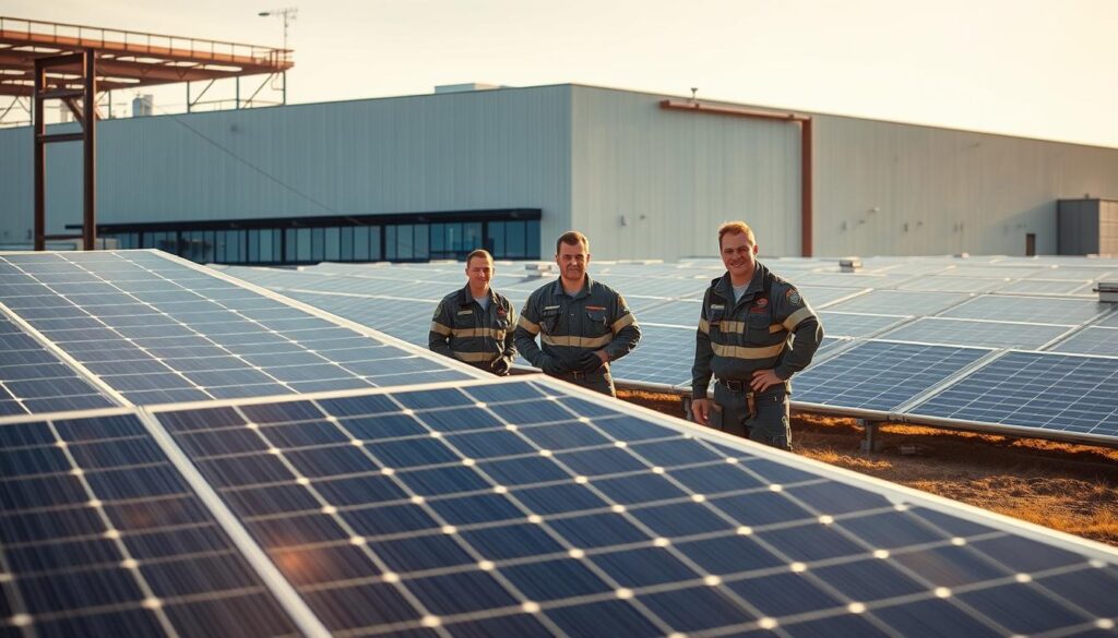 a veteran-owned solar company in a modern industrial setting, with a large solar array in the foreground, sunlight casting long shadows across the ground. In the middle ground, a team of skilled technicians in uniform working on the installation, their faces showing determination and pride. In the background, the company's headquarters, a sleek and sustainable building with clean lines and large windows. The atmosphere is one of efficiency, innovation, and a deep commitment to renewable energy. The lighting is warm and natural, highlighting the advanced technology and the human element of the business. The overall impression is one of a company that is at the forefront of the solar industry, with a strong sense of heritage and a dedication to serving their community.