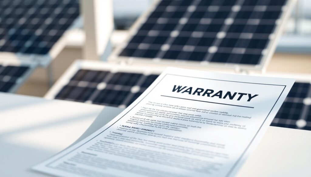 A clean, well-lit, high-resolution close-up photograph of a solar panel warranty document with a crisp, modern design. The document is shown in a neutral, uncluttered foreground, casting a soft, natural shadow. The middle ground features a blurred, abstract background of solar panels or a clean, minimalist office environment to convey a sense of professionalism and reliability. The overall mood is one of clarity, transparency, and confidence in the quality and service of the solar energy solution.