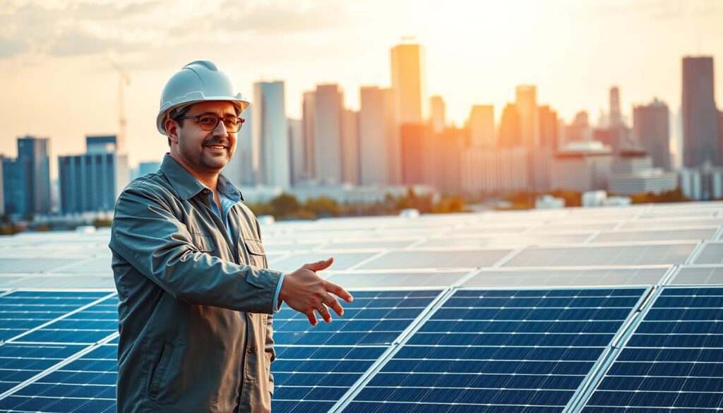 A collaborative partnership model for solar energy projects, capturing the synergy between engineering expertise and innovative technology. In the foreground, two engineers shake hands, their expressions conveying a shared vision. The middle ground features a solar panel array, its sleek design and efficient layout reflecting technical prowess. In the background, a cityscape with gleaming skyscrapers serves as the backdrop, symbolizing the integration of renewable energy into urban infrastructure. Warm lighting casts a golden glow, evoking a sense of progress and sustainability. The overall composition conveys a harmonious balance between human ingenuity and clean energy solutions.