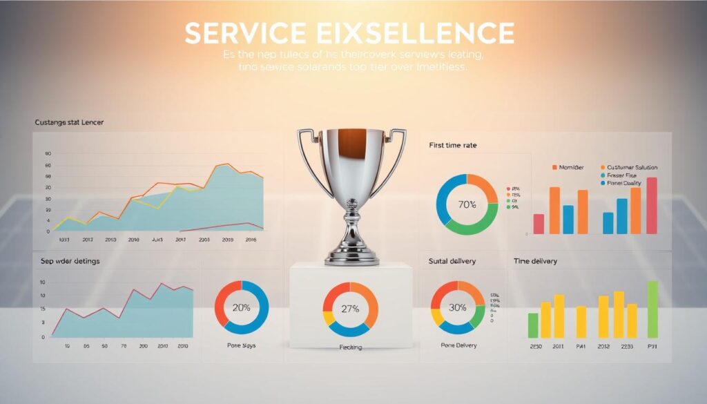 A crisp, clean infographic showcasing a dashboard of key service excellence metrics for top-tier solar solutions. In the foreground, a minimalist grid of colorful data visualizations - sleek line charts, radial gauges, and progress bars tracking critical KPIs like customer satisfaction, first-time fix rate, and on-time delivery. The middle ground features an elegant, metallic trophy or award signifying industry-leading service quality. In the background, a subtle pattern of solar panel silhouettes, conveying the solar energy theme. Diffused, warm lighting casts a professional, high-tech ambiance. Captured with a wide-angle lens to emphasize the comprehensive, data-driven nature of the service excellence framework.