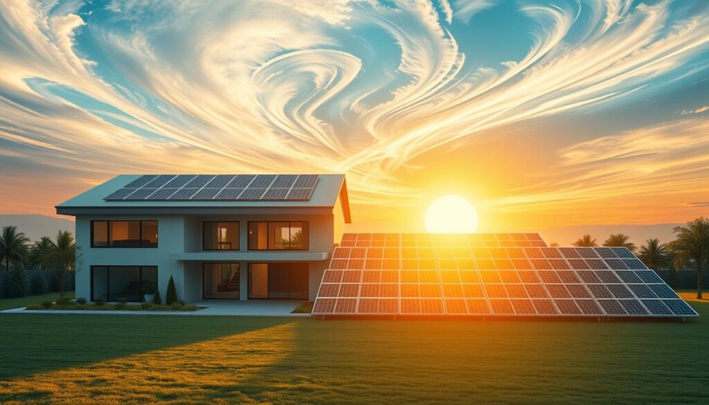 A custom solar system design for a residential setup, featuring a striking array of solar panels arranged in a unique, futuristic pattern. The foreground showcases a sleek, minimalist home with a carefully curated landscape, bathed in warm, golden sunlight. In the middle ground, the solar panels are intricately configured, creating a visually captivating and efficient energy-generating system. The background features a vibrant, otherworldly sky with swirling clouds and a distant, glowing sun, conveying a sense of innovation and progress. The overall scene exudes a sense of harmony between technology, nature, and modern living, capturing the essence of an "Innovative Solar System Design for Residential Setups".