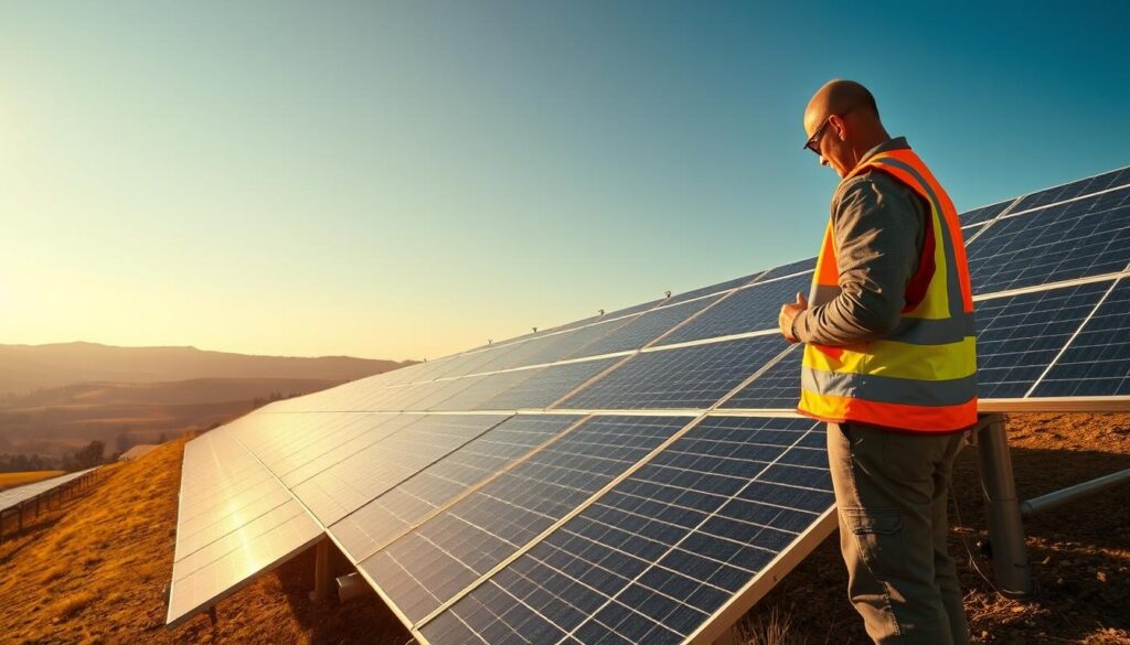 A large solar panel installation situated on a gently sloping hillside, with rows of gleaming photovoltaic panels arranged in an orderly grid pattern, capturing the sun's rays with precision. In the foreground, a technician in a safety vest inspects the wiring, ensuring optimal performance. The middle ground features a mix of modern racking systems and cabling, while the background showcases a pastoral landscape of rolling hills and a clear, azure sky. Warm, golden sunlight bathes the scene, casting long shadows and highlighting the clean, renewable energy being harnessed. The overall atmosphere conveys a sense of efficiency, sustainability, and the transformative potential of solar technology.