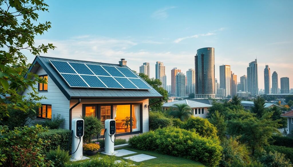 A modern, energy-efficient home nestled amidst lush greenery, solar panels adorning the roof, capturing the sun's abundant power. In the foreground, a sleek electric vehicle charging station, reflecting the homeowner's commitment to sustainable living. The middle ground showcases a well-designed smart home system, seamlessly integrating renewable energy solutions tailored to the family's needs. In the background, a bustling business district, its towering skyscrapers illuminated by a warm, golden glow, harnessing the latest advancements in commercial energy efficiency. The scene exudes a sense of harmony, where technology and nature coexist in perfect balance, delivering tailored energy solutions that empower both homeowners and businesses to embrace a greener, more sustainable future.