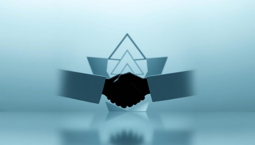 A modern, sleek technical partnership model presented in a minimalist, high-contrast style. In the foreground, two handshaking silhouettes in shades of gray convey the collaborative spirit. The middle ground features abstract geometric shapes in metallic tones, evoking the interconnected nature of the partnership. The background is a gradient of cool blues and grays, creating a sense of depth and emphasizing the technical, digital aspect. Soft, directional lighting casts subtle shadows, adding depth and dimensionality to the scene. The overall impression is one of professionalism, innovation, and a strong emphasis on the technology at the heart of the partnership.