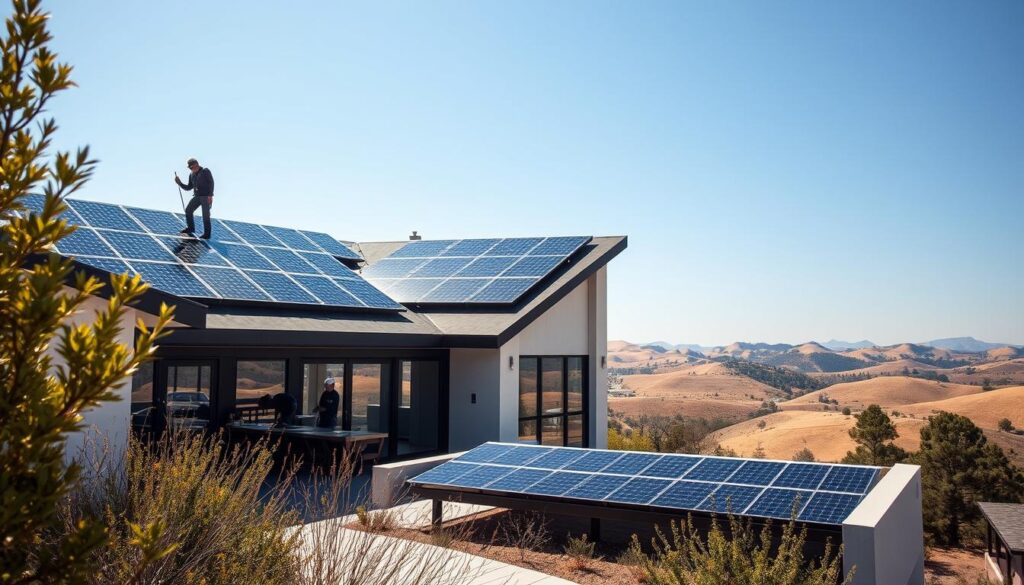 A sleek, modern solar-powered home, with sun-kissed rooftop panels elegantly integrated into the architectural design. In the foreground, a group of skilled technicians meticulously install the latest solar technology, their expertise and attention to detail evident in every movement. The middle ground showcases the seamless integration of the solar array, blending harmoniously with the home's sophisticated, California-inspired aesthetic. In the background, a picturesque landscape of rolling hills and a clear, azure sky, reflecting the state's commitment to renewable energy. Warm, natural lighting bathes the scene, conveying a sense of expertise, innovation, and environmental stewardship.