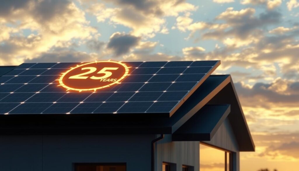 A solar panel glowing with an ethereal, golden light, set against a backdrop of a serene, cloud-streaked sky. The panel's surface is emblazoned with a bold "25-year" insignia, conveying the exceptional durability and long-term performance guarantee. In the foreground, a sleek, futuristic house with a streamlined silhouette, its rooftop seamlessly integrated with the solar array. The overall scene exudes a sense of cutting-edge technology, reliability, and a commitment to sustainable energy solutions that will power homes for decades to come.