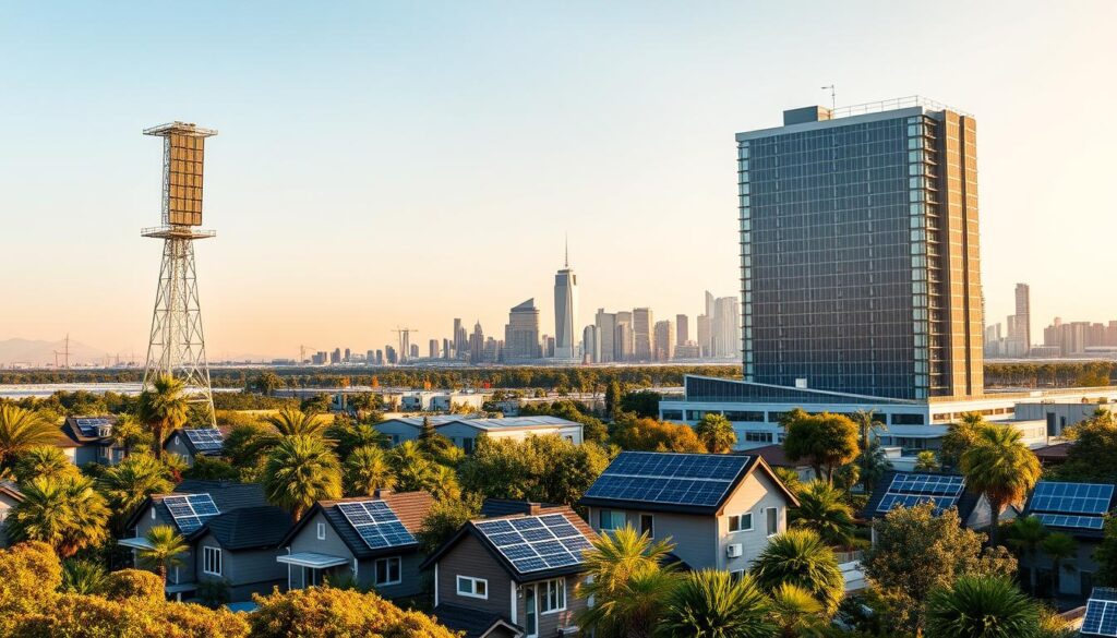 A striking solar array stands tall, its sleek panels gleaming in the warm afternoon light. In the foreground, a row of modern solar homes nestled amidst lush greenery, their rooftops adorned with solar panels that harness the sun's power. The middle ground features a large commercial building, its facade covered in a seamless array of solar cells, symbolizing the financial and environmental benefits of renewable energy. In the background, a city skyline rises, a testament to the scalability and widespread adoption of solar technology. The scene conveys a harmonious integration of clean energy solutions, showcasing how solar power can power our homes, businesses, and communities while delivering tangible cost savings.