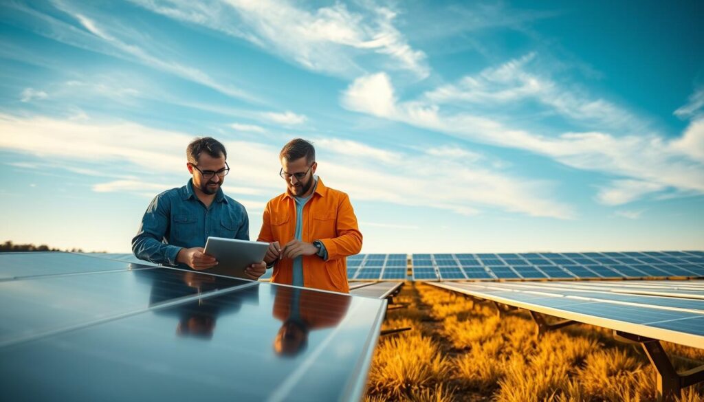 A team of engineers collaborating on innovative solar energy solutions. In the foreground, they examine solar panels and discuss integration with emerging technologies. In the middle ground, a futuristic solar farm with rows of panels stretching to the horizon, bathed in warm, golden light. In the background, a clear blue sky with wispy clouds, hinting at the renewable, sustainable nature of solar power. The scene conveys a sense of progress, creativity, and a collective effort to advance solar energy technology and deployment.