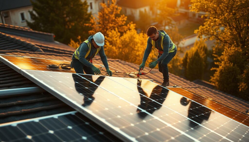 A team of skilled solar technicians expertly installing a residential solar panel system. Captured in a warm, golden-hour lighting, the scene showcases the meticulous process - from carefully aligning the solar modules on the roof to meticulously wiring the electrical components. The technicians move with practiced precision, their expressions focused as they ensure every step is executed with the utmost care and attention to detail. The surrounding environment is clean and orderly, reflecting the professionalism of the installation process. Dramatic shadows and reflections add depth and drama to the scene, conveying the sense of a well-orchestrated, high-quality solar project management.