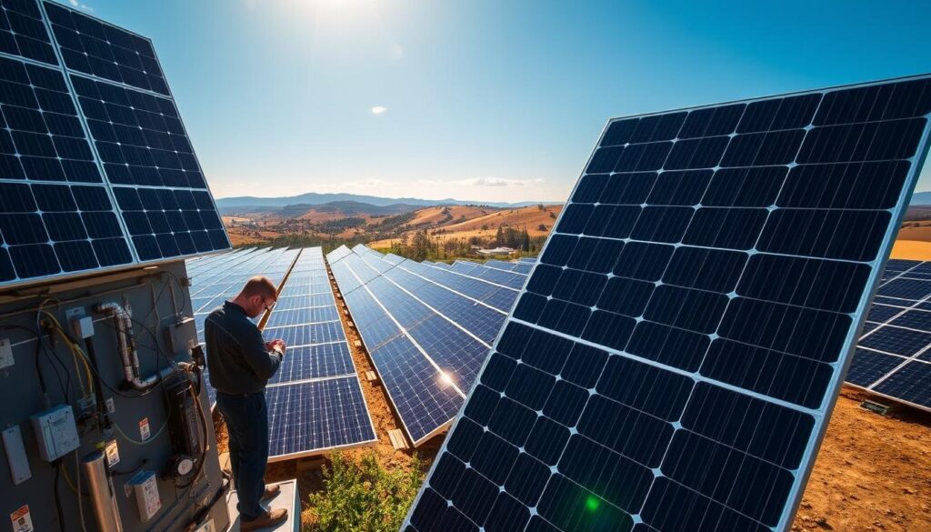 A towering array of custom solar panels, their sleek black surfaces gleaming in the warm sunlight. In the foreground, a technician inspects the intricate wiring and monitoring systems, ensuring optimal performance. The middle ground showcases a sprawling network of interconnected panels, efficiently harnessing the power of the sun. In the background, a picturesque landscape of rolling hills and azure skies, highlighting the strategic integration of these sustainable energy solutions into the natural environment. Soft, diffused lighting casts a gentle glow, emphasizing the advanced engineering and the seamless blend of technology and nature.