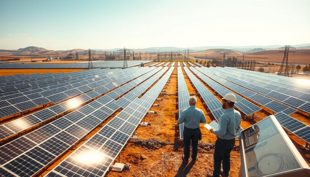 A vast solar array stretches across a sun-drenched landscape, its rows of sleek panels glinting in the golden light. In the foreground, a team of engineers examines the system, clipboards in hand, as they analyze the intricate performance data displayed on nearby monitoring consoles. The middle ground features a sprawling network of power lines and substations, conveying the immense scale and integration of this large-scale solar project. In the distance, rolling hills and a cloudless sky create a serene, optimistic atmosphere, underscoring the clean, renewable energy this installation provides. Captured with a wide-angle lens, the scene emphasizes the grand, ambitious nature of this comprehensive solar analysis.