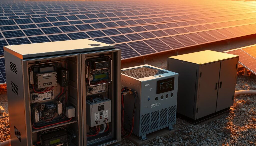 Detailed solar storage systems, showcasing advanced modular batteries, power inverters, and smart monitoring interfaces. Sleek, metallic enclosures with intricate circuitry and thermal management features in the foreground. A backdrop of a sprawling solar farm, with rows of photovoltaic panels capturing the sun's energy. Warm, golden lighting illuminates the scene, conveying a sense of efficiency and technological prowess. The composition emphasizes the integration of renewable energy storage solutions, reflecting the strategic importance of this technology in the regional energy landscape.