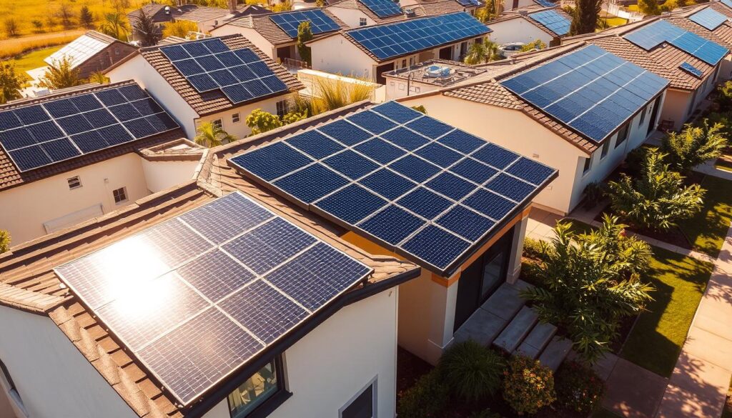 Residential commercial solar panels: sleek, efficient panels adorning the rooftops of modern homes and businesses, capturing the sun's energy and powering sustainable living. A vibrant, sun-drenched scene, the panels arranged in neat rows, casting soft shadows on the well-manicured lawns and lush landscaping below. Warm, golden light filters through, illuminating the panels' glossy surfaces and highlighting their innovative design. The overall composition conveys a sense of harmony between technology and nature, showcasing the seamless integration of renewable energy solutions into the built environment.