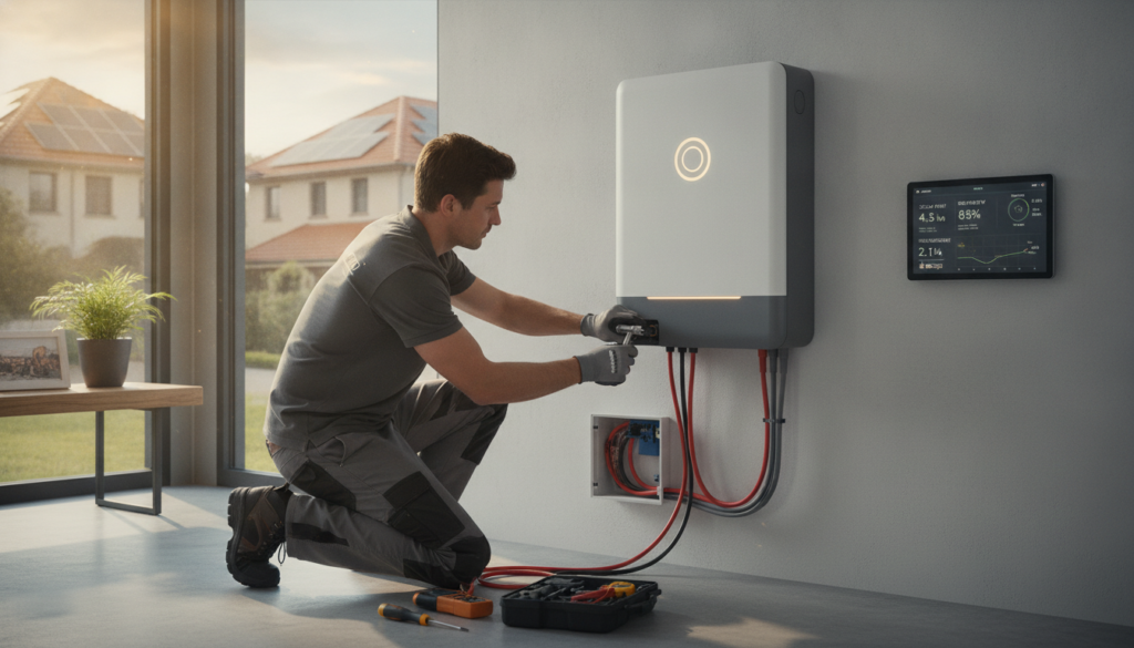 A detailed scene illustrating installation and system integration considerations for a home solar battery system. In the foreground, a skilled technician in professional attire is carefully connecting components of a solar battery setup, with tools laid out beside him. The middle ground features a sleek, modern solar battery unit mounted on a wall, surrounded by neatly organized wiring and a digital monitoring display showing system metrics. In the background, a sunny outdoor view through a window showcases rooftops with solar panels, creating a bright and inviting atmosphere. The lighting is warm and natural, emphasizing clarity and precision in the installation process. The overall mood is meticulous and forward-thinking, representing a seamless integration of technology into home life. A detailed scene illustrating installation and system integration considerations for a home solar battery system. In the foreground, a skilled technician in professional attire is carefully connecting components of a solar battery setup, with tools laid out beside him. The middle ground features a sleek, modern solar battery unit mounted on a wall, surrounded by neatly organized wiring and a digital monitoring display showing system metrics. In the background, a sunny outdoor view through a window showcases rooftops with solar panels, creating a bright and inviting atmosphere. The lighting is warm and natural, emphasizing clarity and precision in the installation process. The overall mood is meticulous and forward-thinking, representing a seamless integration of technology into home life.
