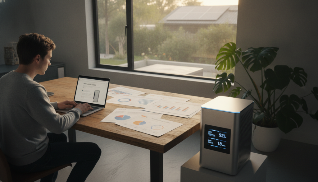 A modern home interior featuring a well-organized workspace dedicated to exploring home battery options for energy independence. In the foreground, a sleek and stylish solar battery system with digital displays showcasing its stats. To the left, an individual in smart casual attire, deeply focused on a laptop, comparing different battery models. The middle section highlights a table cluttered with brochures and charts illustrating energy consumption and battery efficiency, with a vibrant potted plant adding a touch of nature. In the background, a bright window reveals a sunny outdoor setting, casting warm light that enhances the friendly atmosphere. The scene is captured from a slightly elevated angle, with soft, diffused lighting to convey a sense of positivity and innovation. A modern home interior featuring a well-organized workspace dedicated to exploring home battery options for energy independence. In the foreground, a sleek and stylish solar battery system with digital displays showcasing its stats. To the left, an individual in smart casual attire, deeply focused on a laptop, comparing different battery models. The middle section highlights a table cluttered with brochures and charts illustrating energy consumption and battery efficiency, with a vibrant potted plant adding a touch of nature. In the background, a bright window reveals a sunny outdoor setting, casting warm light that enhances the friendly atmosphere. The scene is captured from a slightly elevated angle, with soft, diffused lighting to convey a sense of positivity and innovation.