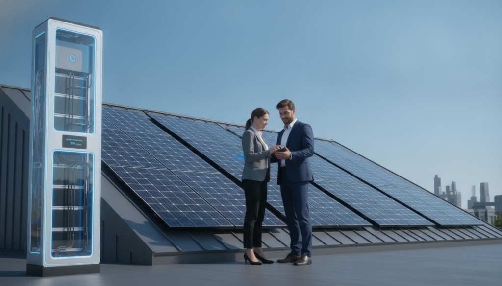 A modern solar energy system integrated with sleek solar panels and advanced battery management systems. In the foreground, showcase a high-tech battery storage unit illuminated by soft, ambient lighting, emphasizing its sophisticated design. In the middle ground, depict several solar panels on a roof, catching the sunlight, with a clear blue sky in the background. Add a professional individual in business attire inspecting the solar setup, conveying a sense of teamwork and innovation. The overall atmosphere should be optimistic and forward-thinking, highlighting the efficiency and harmony of renewable energy systems. Use a wide-angle lens to capture the entire integration, with a focus on clarity and detail for an educational context. A modern solar energy system integrated with sleek solar panels and advanced battery management systems. In the foreground, showcase a high-tech battery storage unit illuminated by soft, ambient lighting, emphasizing its sophisticated design. In the middle ground, depict several solar panels on a roof, catching the sunlight, with a clear blue sky in the background. Add a professional individual in business attire inspecting the solar setup, conveying a sense of teamwork and innovation. The overall atmosphere should be optimistic and forward-thinking, highlighting the efficiency and harmony of renewable energy systems. Use a wide-angle lens to capture the entire integration, with a focus on clarity and detail for an educational context.