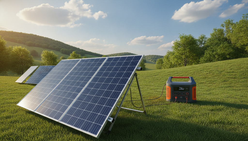 A well-organized scene showcasing an outdoor solar panel setup next to a compact solar generator. In the foreground, high-efficiency solar panels are angled towards the sun, their glossy surfaces capturing light. The middle ground features a sleek solar generator, displaying its control panel and ports, harmoniously placed on a grassy patch. The background consists of a bright blue sky with soft, fluffy clouds, and distant trees, creating a serene atmosphere. Bright, natural lighting enhances the colors and details of the solar panels and generator. The perspective is slightly elevated, focusing on the interaction between the solar panels and the generator, emphasizing ideal compatibility and efficiency. Overall, the image conveys an informative and inviting mood, suitable for energy-conscious homeowners. A well-organized scene showcasing an outdoor solar panel setup next to a compact solar generator. In the foreground, high-efficiency solar panels are angled towards the sun, their glossy surfaces capturing light. The middle ground features a sleek solar generator, displaying its control panel and ports, harmoniously placed on a grassy patch. The background consists of a bright blue sky with soft, fluffy clouds, and distant trees, creating a serene atmosphere. Bright, natural lighting enhances the colors and details of the solar panels and generator. The perspective is slightly elevated, focusing on the interaction between the solar panels and the generator, emphasizing ideal compatibility and efficiency. Overall, the image conveys an informative and inviting mood, suitable for energy-conscious homeowners.