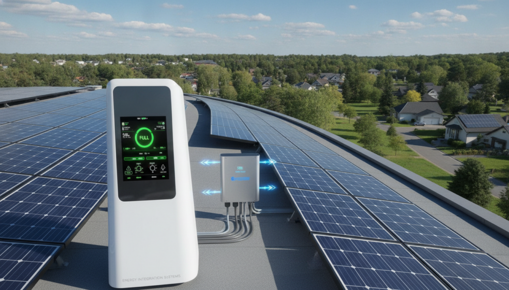 A dynamic scene illustrating "Energy Integration Systems" featuring a streamlined solar panel array on a modern rooftop, evoking sustainability. In the foreground, a sleek solar battery storage unit, prominently displayed, showcasing its energy management interface and sleek design. In the middle, a high-efficiency inverter connects seamlessly to the battery and solar panels, with indicators of energy flow and performance displayed. The background includes a tranquil suburban landscape under a bright and sunny sky, symbolizing renewable energy potential. Utilize natural daylight to enhance clarity and vibrancy, while capturing the scene from a slightly elevated angle for depth. The atmosphere should convey innovation and harmony, emphasizing the synergy between the components of solar energy systems. A dynamic scene illustrating "Energy Integration Systems" featuring a streamlined solar panel array on a modern rooftop, evoking sustainability. In the foreground, a sleek solar battery storage unit, prominently displayed, showcasing its energy management interface and sleek design. In the middle, a high-efficiency inverter connects seamlessly to the battery and solar panels, with indicators of energy flow and performance displayed. The background includes a tranquil suburban landscape under a bright and sunny sky, symbolizing renewable energy potential. Utilize natural daylight to enhance clarity and vibrancy, while capturing the scene from a slightly elevated angle for depth. The atmosphere should convey innovation and harmony, emphasizing the synergy between the components of solar energy systems.