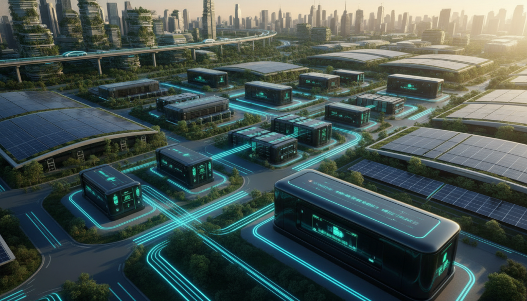A futuristic energy storage facility showcasing emerging trends in solar battery technology. In the foreground, a sleek, modern solar battery unit with digital interfaces and glowing indicators symbolizes innovation. The middle ground features diverse energy storage systems connected to solar panels, with energy flows depicted through luminous, flowing lines. In the background, a panoramic view of a sustainable city powered by renewable energy, with solar rooftops and greenery blending seamlessly with modern architecture. The scene is illuminated by warm, natural sunlight, capturing a hopeful atmosphere. A wide-angle perspective enhances the depth, and the color palette combines vibrant greens and blues to evoke a clean, eco-friendly vibe. A futuristic energy storage facility showcasing emerging trends in solar battery technology. In the foreground, a sleek, modern solar battery unit with digital interfaces and glowing indicators symbolizes innovation. The middle ground features diverse energy storage systems connected to solar panels, with energy flows depicted through luminous, flowing lines. In the background, a panoramic view of a sustainable city powered by renewable energy, with solar rooftops and greenery blending seamlessly with modern architecture. The scene is illuminated by warm, natural sunlight, capturing a hopeful atmosphere. A wide-angle perspective enhances the depth, and the color palette combines vibrant greens and blues to evoke a clean, eco-friendly vibe.
