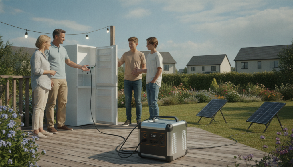 A realistic outdoor scene showcasing a solar generator in action during a power outage. In the foreground, a modern solar generator sits prominently on a wooden deck, connected to various home appliances, like a refrigerator and lights. A family in professional casual attire gathers nearby, discussing the setup and its benefits, with expressions of relief and happiness on their faces. In the middle ground, a well-maintained garden can be seen, with solar panels gleaming under the warm sunlight. The background features a suburban neighborhood with a clear blue sky and some fluffy white clouds, adding to the overall serene atmosphere. The image is captured in bright, natural lighting to convey a sense of reliability and practicality.