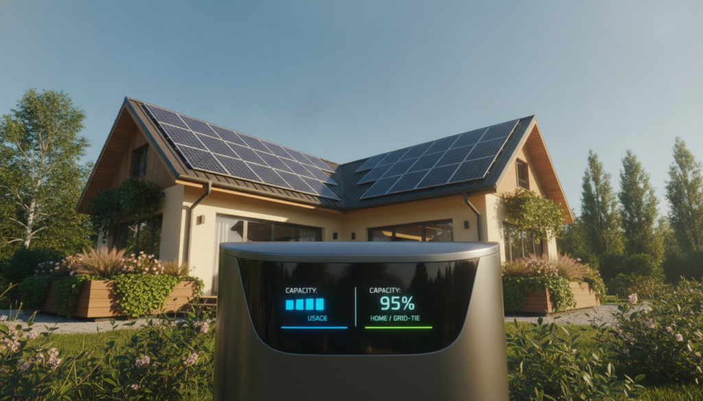A visually striking composition depicting a home solar battery system tailored to specific energy needs. In the foreground, a modern, sleek solar battery unit is prominently featured, with indicators showing energy capacity and usage. The middle ground reveals an energy-efficient home, equipped with solar panels on the roof, surrounded by lush greenery, emphasizing sustainability. In the background, a clear blue sky reflects the sunny day, casting warm, natural light on the scene. The perspective is slightly tilted upwards to accentuate the height of the home and panels, creating a sense of aspiration. The overall mood should be optimistic and energizing, incorporating bright colors to evoke a feeling of responsibility towards the environment and smart energy choices. No text or additional elements to maintain focus on the theme. A visually striking composition depicting a home solar battery system tailored to specific energy needs. In the foreground, a modern, sleek solar battery unit is prominently featured, with indicators showing energy capacity and usage. The middle ground reveals an energy-efficient home, equipped with solar panels on the roof, surrounded by lush greenery, emphasizing sustainability. In the background, a clear blue sky reflects the sunny day, casting warm, natural light on the scene. The perspective is slightly tilted upwards to accentuate the height of the home and panels, creating a sense of aspiration. The overall mood should be optimistic and energizing, incorporating bright colors to evoke a feeling of responsibility towards the environment and smart energy choices. No text or additional elements to maintain focus on the theme.