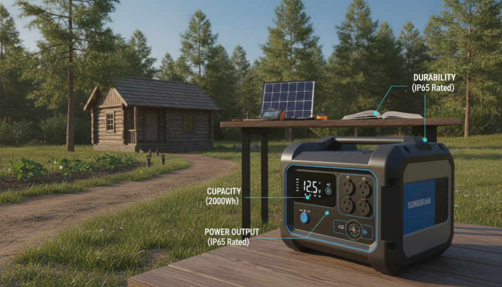 A well-lit, informative scene showcasing practical tips for choosing a solar generator, set in an outdoor environment. In the foreground, a sleek, modern solar generator is displayed, with labels pointing out features like capacity, durability, and power output. In the middle, an organized tabletop features essential items such as a voltage meter, solar panel, and user manual, arranged neatly. The background consists of a serene off-grid living setup, with a cozy cabin and trees, creating a sense of tranquility and sustainability. The soft, natural lighting emphasizes the outdoor atmosphere, while the angle captures the scene from slightly above, allowing for a clear view of both the generator and the tips displayed. The mood is informative and inspiring, promoting eco-friendly living.